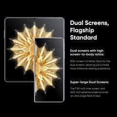 Honor Magic V2 5G foldable phone showing dual screens with large inner and external displays and gold floral wallpaper Honor Magic V2 5G foldable phone showing dual screens with large inner and external displays and gold floral wallpaper