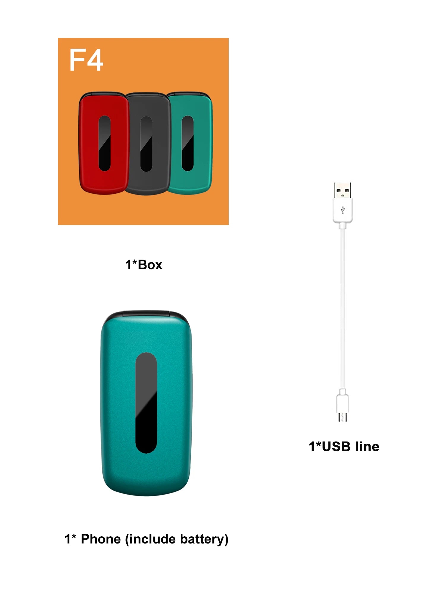 Mumzar F4 flip mobile phone with dual SIM showing teal handset USB charging cable and red gray color options Mumzar F4 flip mobile phone with dual SIM showing teal handset USB charging cable and red gray color options