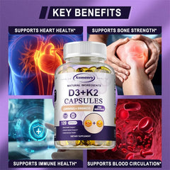 كبسولات فيتامين د3 بتركيز 5000 وحدة دولية وفيتامين ك2 بتركيز 200 ميكروجرام (MK-7) لامتصاص الكالسيوم وتجديد العظام ودعم المناعة، سهلة الذوبان كبسولات فيتامين د3 بتركيز 5000 وحدة دولية وفيتامين ك2 بتركيز 200 ميكروجرام (MK-7) لامتصاص الكالسيوم وتجديد العظام ودعم المناعة، سهلة الذوبان