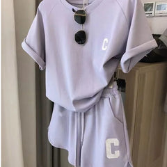  2 Piece Set Women Summer Loose Short Sleeve T-Shirt Casual Shorts Sports Print Letter Casual Suit Large Size Short Pajamas  2 Piece Set Women Summer Loose Short Sleeve T-Shirt Casual Shorts Sports Print Letter Casual Suit Large Size Short Pajamas