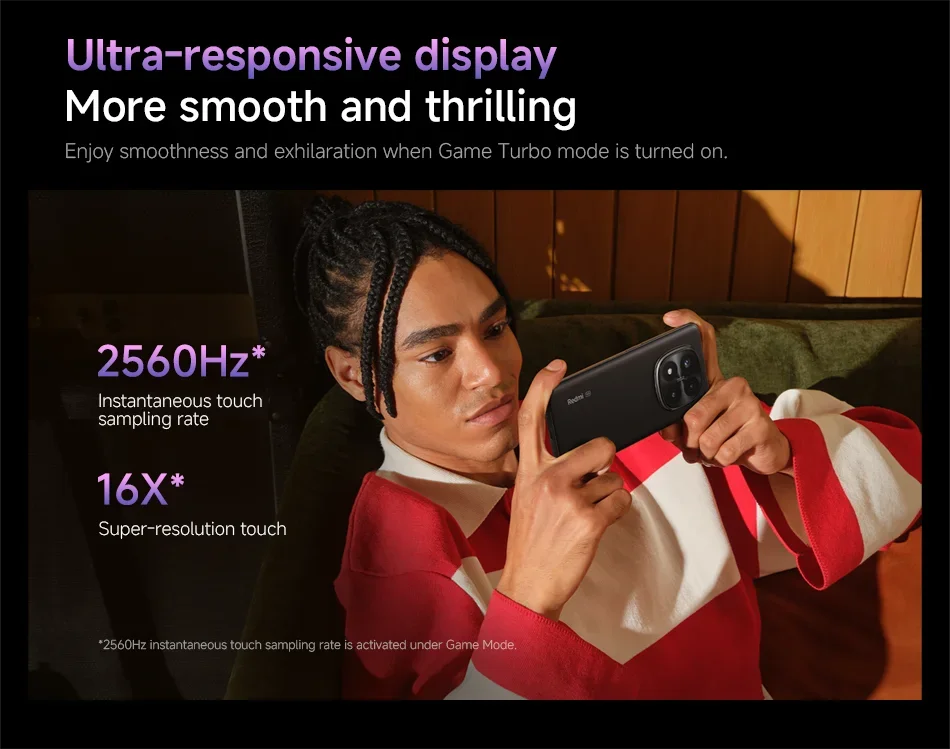Young man gaming on sofa holding Xiaomi Redmi Note 14 Pro Plus 5G global version in landscape showing ultra responsive display Young man gaming on sofa holding Xiaomi Redmi Note 14 Pro Plus 5G global version in landscape showing ultra responsive display
