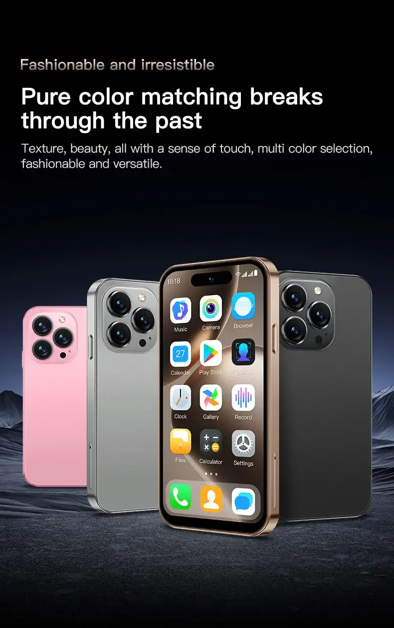 Mumzar mini smartphone Android 10 UAE showing four compact phones in pink gray black and gold with triple cameras Mumzar mini smartphone Android 10 UAE showing four compact phones in pink gray black and gold with triple cameras