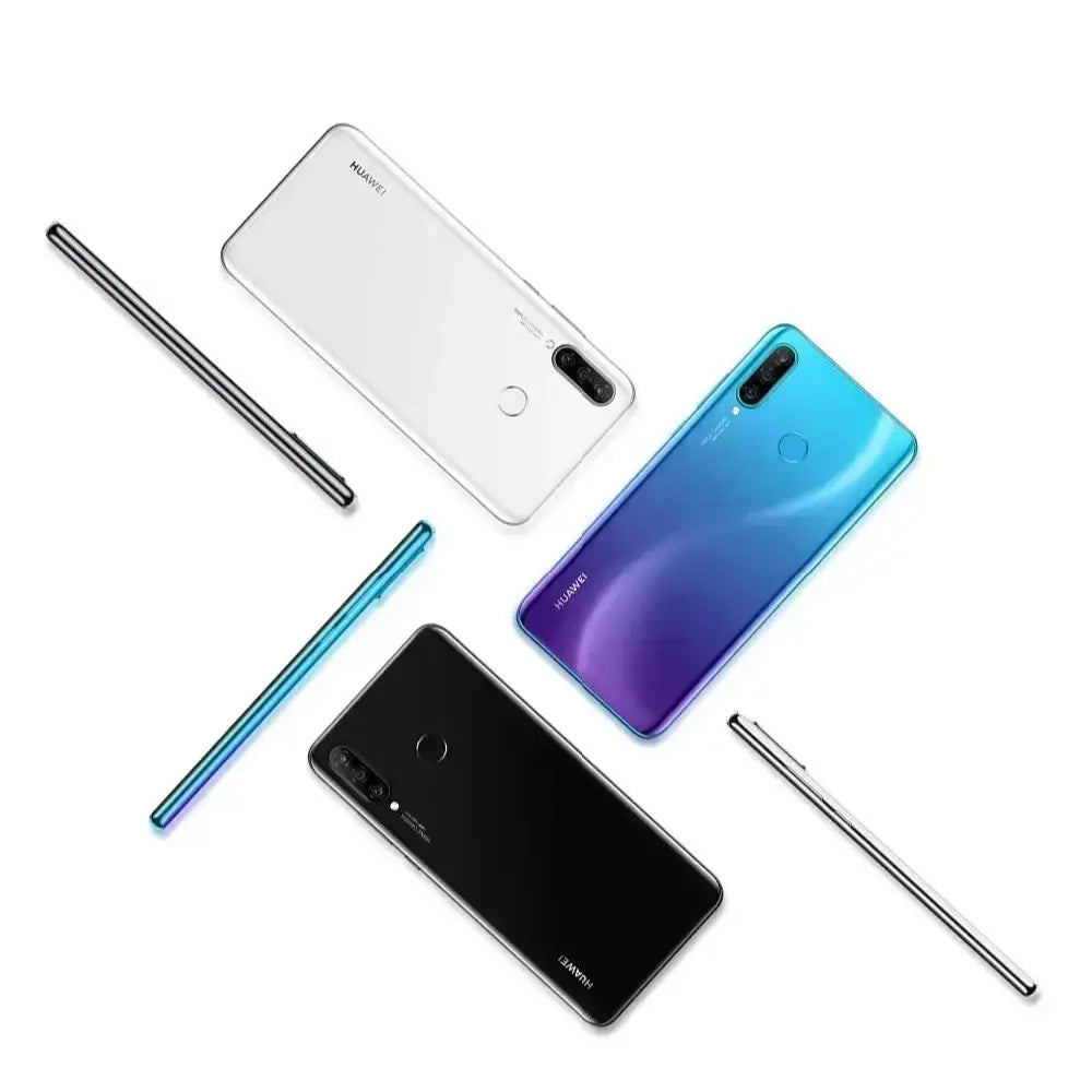 Huawei P30 Lite unlocked smartphone trio in black white and blue purple gradient showing rear triple cameras and fingerprint Huawei P30 Lite unlocked smartphone trio in black white and blue purple gradient showing rear triple cameras and fingerprint
