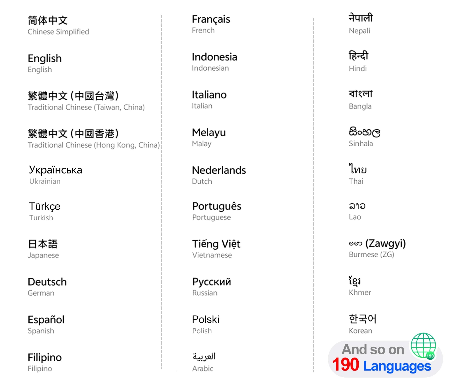 Mumzar mini smartphone Android 10 UAE language selection screen listing multiple languages with 190 languages badge Mumzar mini smartphone Android 10 UAE language selection screen listing multiple languages with 190 languages badge