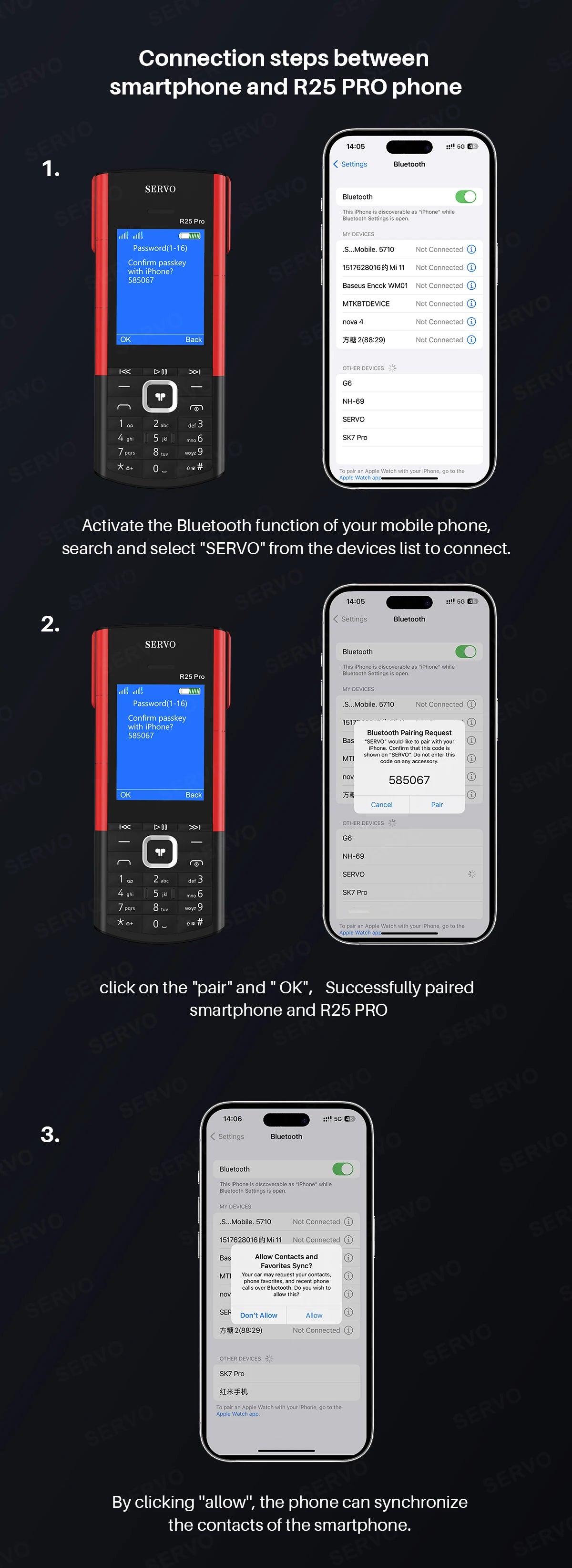 SERVO R25 PRO dual SIM mobile phone paired with smartphone showing Bluetooth connection steps and pairing screens SERVO R25 PRO dual SIM mobile phone paired with smartphone showing Bluetooth connection steps and pairing screens