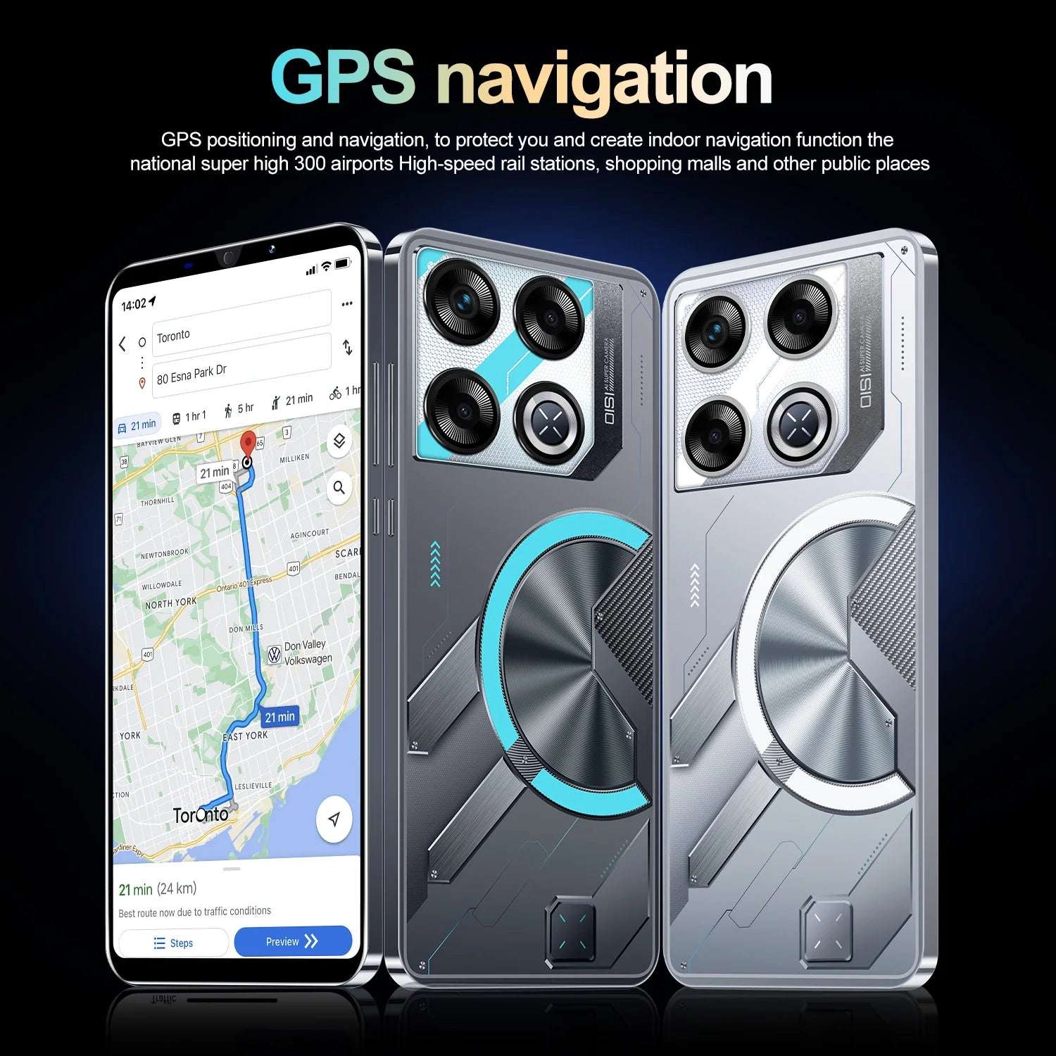 Mumzar XS22 Android smartphone UAE showing GPS navigation map on screen and two metallic rear multi lens phones Mumzar XS22 Android smartphone UAE showing GPS navigation map on screen and two metallic rear multi lens phones