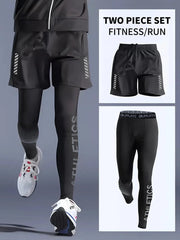 2-piece tight pants men's cycling base fitness shorts quick drying high elasticity sports set running training compression 2-piece tight pants men's cycling base fitness shorts quick drying high elasticity sports set running training compression
