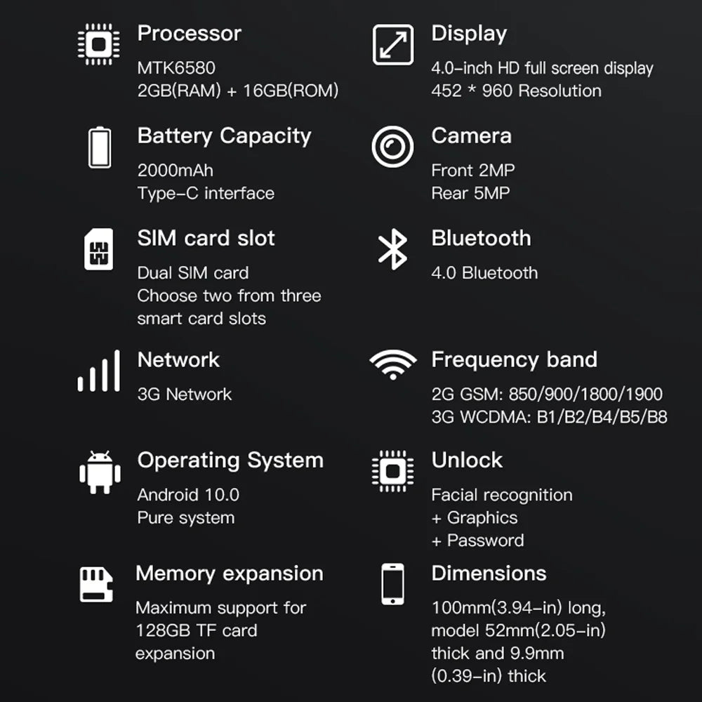 Mumzar compact spec sheet showing 4 inch display 2000 mAh battery 2GB RAM mini smartphone Android 10 UAE Mumzar compact spec sheet showing 4 inch display 2000 mAh battery 2GB RAM mini smartphone Android 10 UAE