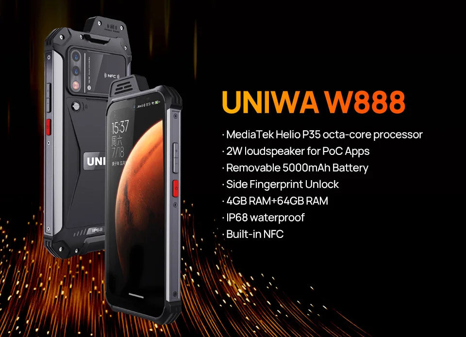 UNIWA W888 rugged ATEX smartphone UAE in black, IP68 waterproof, 5000mAh battery, NFC, side fingerprint UNIWA W888 rugged ATEX smartphone UAE in black, IP68 waterproof, 5000mAh battery, NFC, side fingerprint