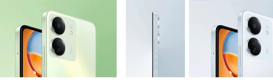 Xiaomi Redmi 13C global version slim silver and mint phones showing dual rear cameras side profile and display Xiaomi Redmi 13C global version slim silver and mint phones showing dual rear cameras side profile and display