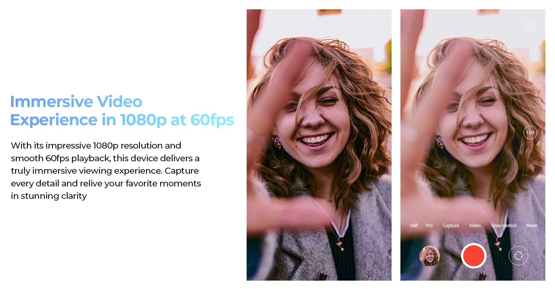HOTWAV Cyber 13 Pro smartphone promotional image showing 1080p 60fps video demo with smiling woman recording HOTWAV Cyber 13 Pro smartphone promotional image showing 1080p 60fps video demo with smiling woman recording