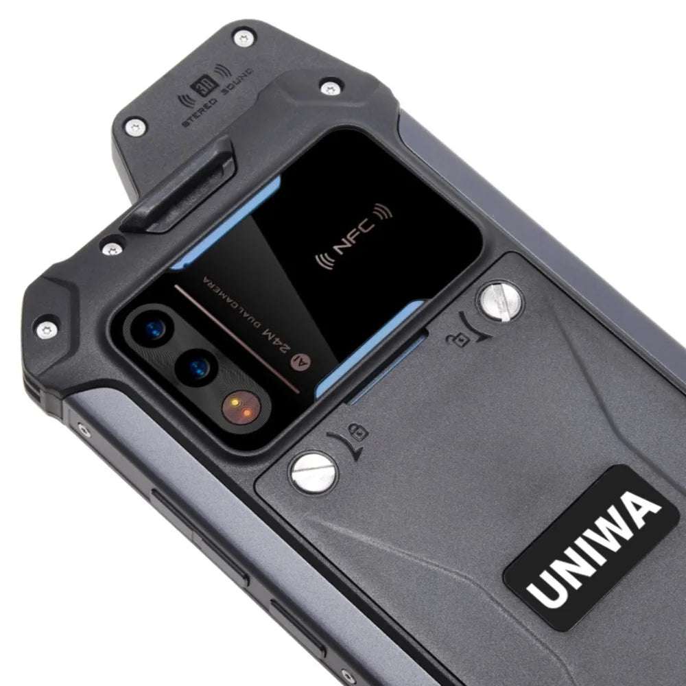 UNIWA rugged ATEX smartphone UAE back showing metal casing dual cameras NFC mark and heavy duty screws UNIWA rugged ATEX smartphone UAE back showing metal casing dual cameras NFC mark and heavy duty screws