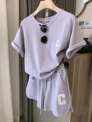  2 Piece Set Women Summer Loose Short Sleeve T-Shirt Casual Shorts Sports Print Letter Casual Suit Large Size Short Pajamas  2 Piece Set Women Summer Loose Short Sleeve T-Shirt Casual Shorts Sports Print Letter Casual Suit Large Size Short Pajamas