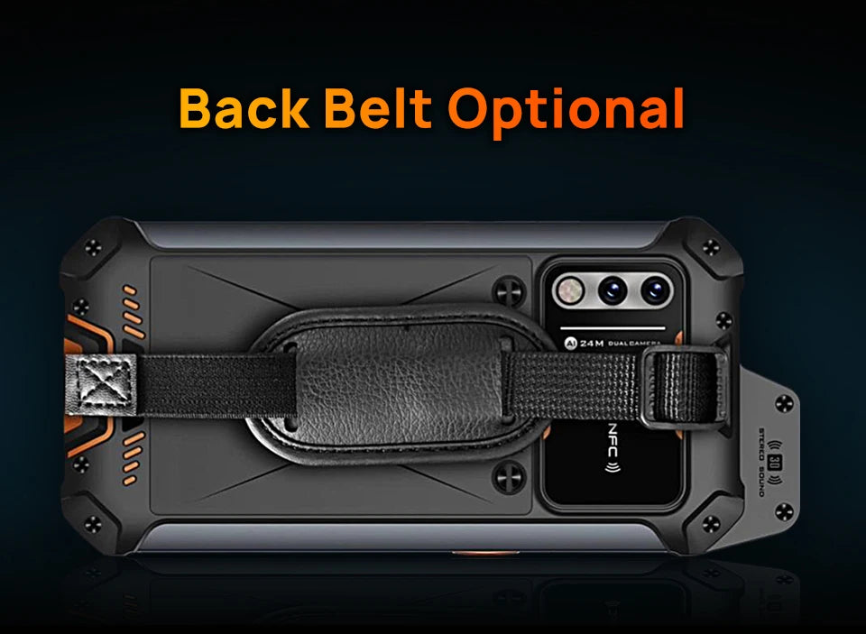 UNIWA rugged ATEX smartphone UAE shown from back with optional leather back belt strap holster and triple camera UNIWA rugged ATEX smartphone UAE shown from back with optional leather back belt strap holster and triple camera