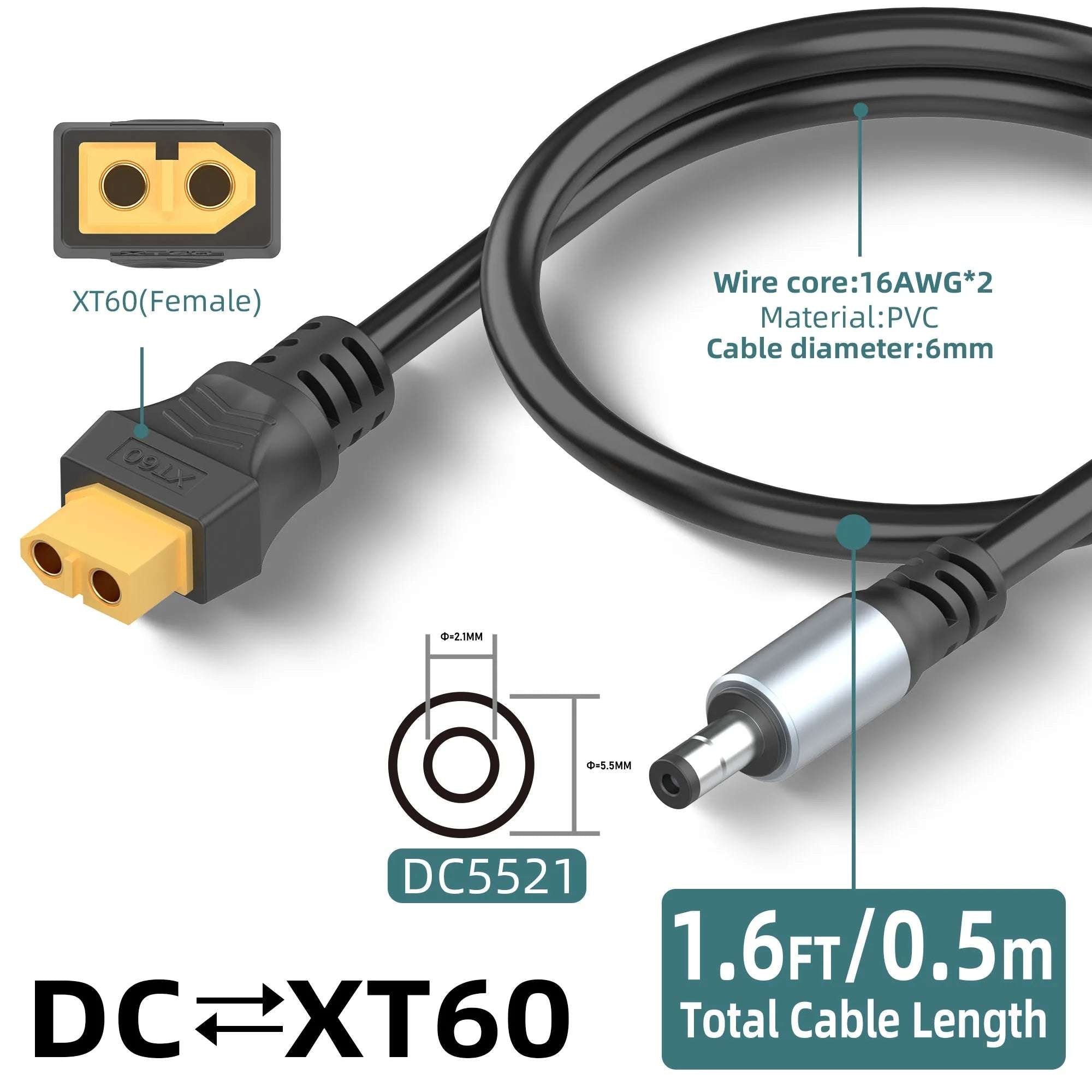16AWG XT60 Female To DC5521 Male Power Cable Adapter for Solar Power Station and Laptops 16AWG XT60 Female To DC5521 Male Power Cable Adapter for Solar Power Station and Laptops
