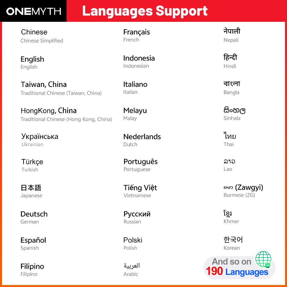 OneMyth languages support chart listing many languages for mini smartphone Android 10 UAE multilingual use OneMyth languages support chart listing many languages for mini smartphone Android 10 UAE multilingual use
