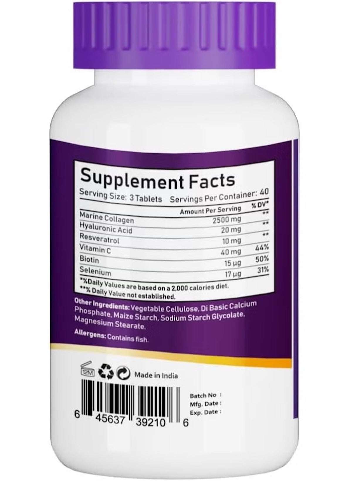 Hydrolysed Marine Collagen 2500 mg with Hyaluronic Acid, Resveratrol, Biotin, Selenium & Vitamin C – 120 Tablets Hydrolysed Marine Collagen 2500 mg with Hyaluronic Acid, Resveratrol, Biotin, Selenium & Vitamin C – 120 Tablets