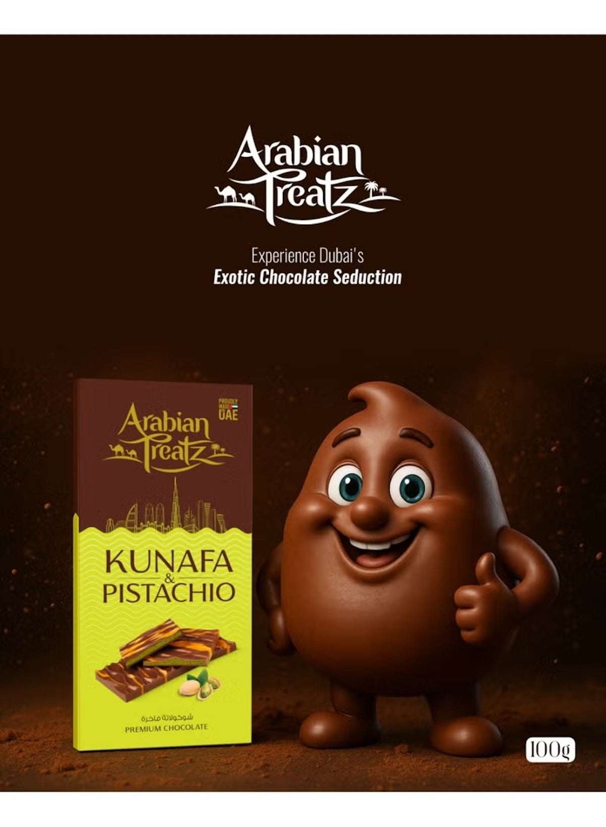 Kunafa & Pistachio Premium Chocolate Bar with Protein – Gourmet Fusion of Dessert & Crunchy Nuts – 100g | Made in UAE | Arabian Treatz Kunafa & Pistachio Premium Chocolate Bar with Protein – Gourmet Fusion of Dessert & Crunchy Nuts – 100g | Made in UAE | Arabian Treatz