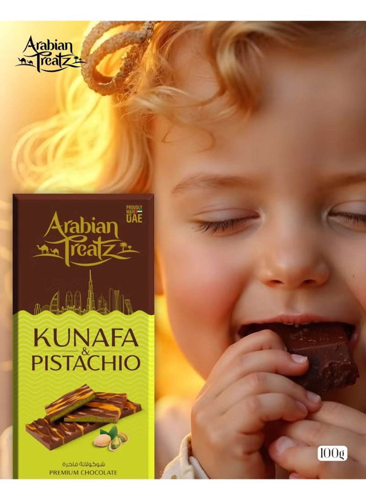 Kunafa & Pistachio Premium Chocolate Bar with Protein – Gourmet Fusion of Dessert & Crunchy Nuts – 100g | Made in UAE | Arabian Treatz Kunafa & Pistachio Premium Chocolate Bar with Protein – Gourmet Fusion of Dessert & Crunchy Nuts – 100g | Made in UAE | Arabian Treatz