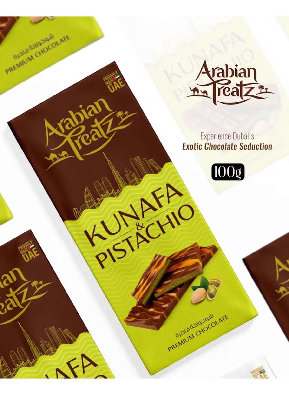 Kunafa & Pistachio Premium Chocolate Bar with Protein – Gourmet Fusion of Dessert & Crunchy Nuts – 100g | Made in UAE | Arabian Treatz Kunafa & Pistachio Premium Chocolate Bar with Protein – Gourmet Fusion of Dessert & Crunchy Nuts – 100g | Made in UAE | Arabian Treatz