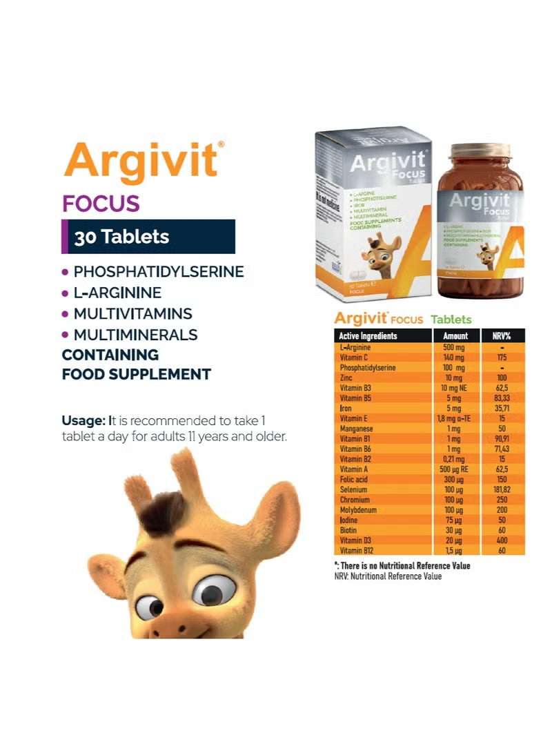 Argivit Focus 30 Tablets | Multivitamin & Mineral Supplement for Energy, Immunity, Focus & Growth | With L-Arginine, Zinc, Iron, Vitamin C, D3 & B-Complex Argivit Focus 30 Tablets | Multivitamin & Mineral Supplement for Energy, Immunity, Focus & Growth | With L-Arginine, Zinc, Iron, Vitamin C, D3 & B-Complex