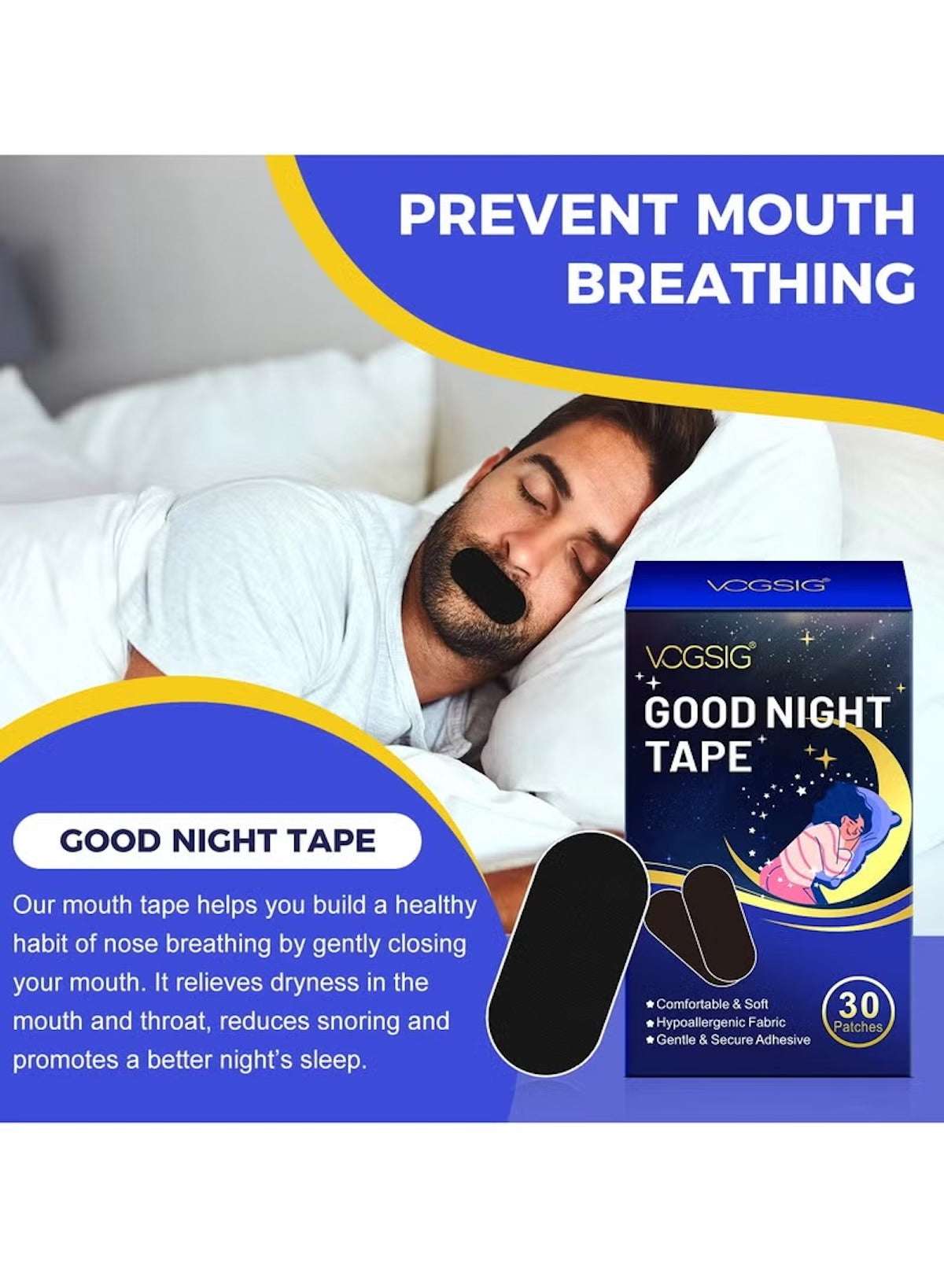Good Night Tape – 30 Patches | Anti-Snoring Sleep Mouth Tape | Soft, Comfortable, Odour-Free Strips for Better Nasal Breathing & Reduced Mouth Dryness Good Night Tape – 30 Patches | Anti-Snoring Sleep Mouth Tape | Soft, Comfortable, Odour-Free Strips for Better Nasal Breathing & Reduced Mouth Dryness