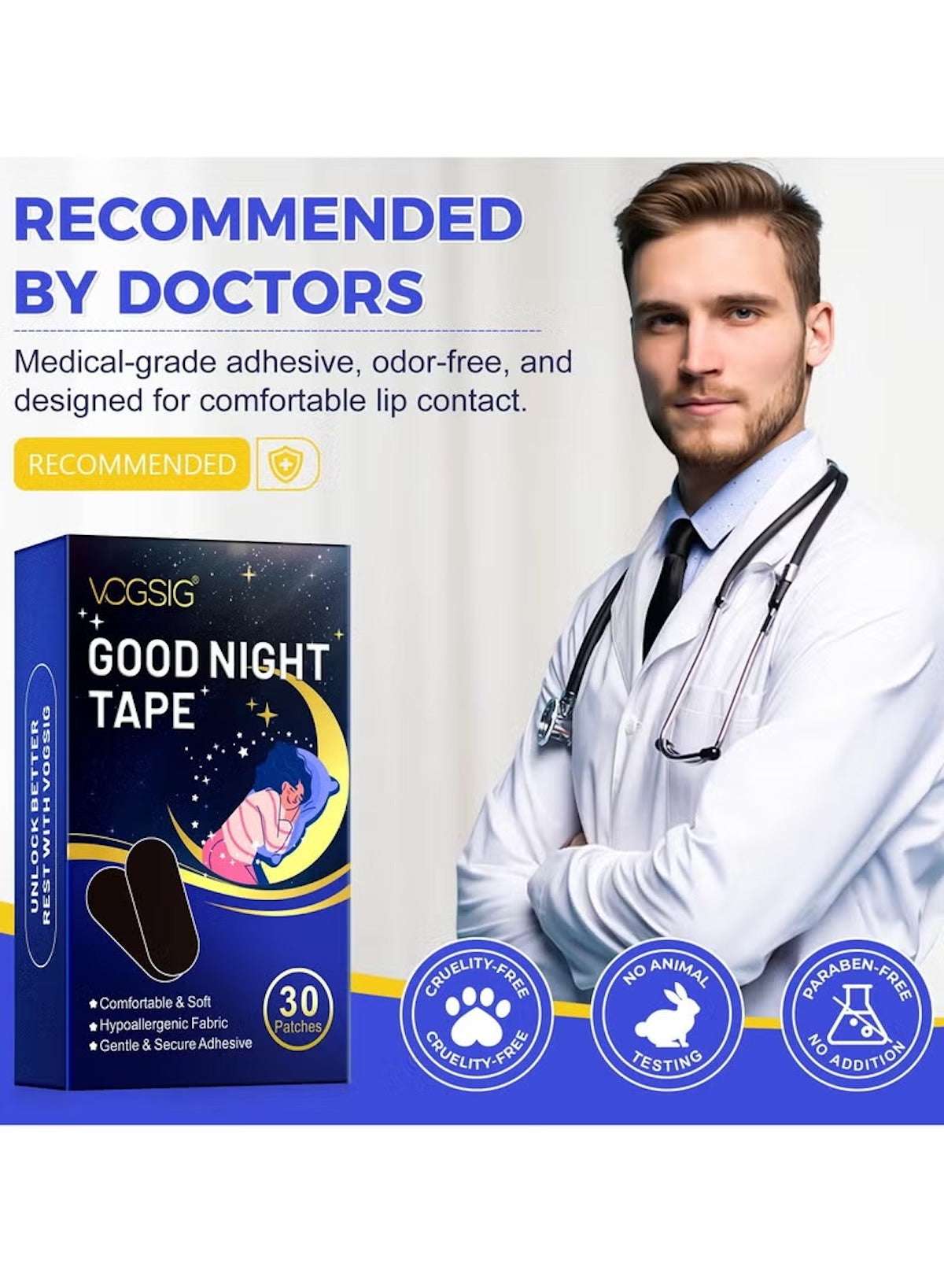 Good Night Tape – 30 Patches | Anti-Snoring Sleep Mouth Tape | Soft, Comfortable, Odour-Free Strips for Better Nasal Breathing & Reduced Mouth Dryness Good Night Tape – 30 Patches | Anti-Snoring Sleep Mouth Tape | Soft, Comfortable, Odour-Free Strips for Better Nasal Breathing & Reduced Mouth Dryness