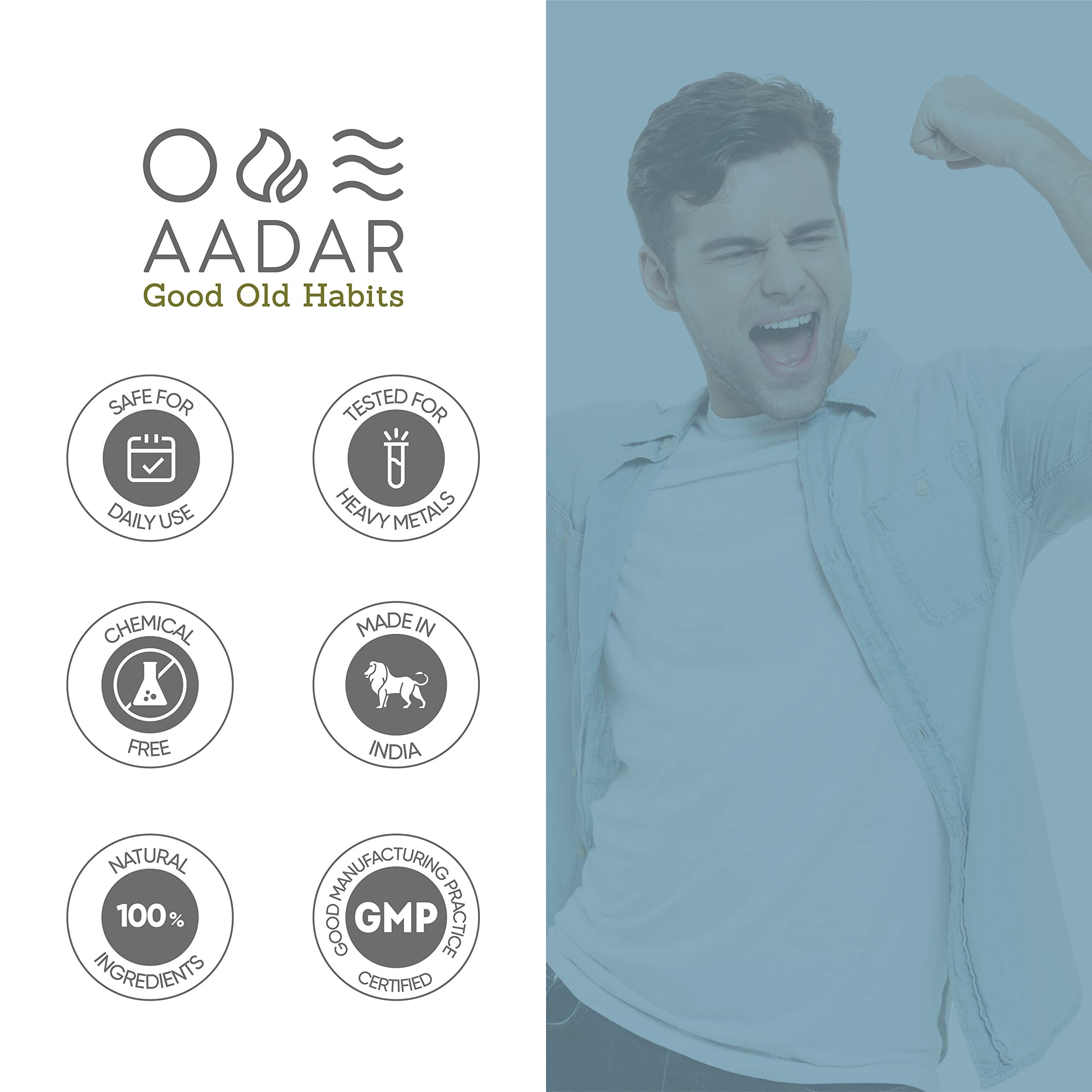 AADAR Ayurvedic constipation relief capsules product graphic with logo GMP made in India icons and smiling man AADAR Ayurvedic constipation relief capsules product graphic with logo GMP made in India icons and smiling man