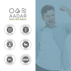 AADAR Ayurvedic constipation relief capsules product graphic with logo GMP made in India icons and smiling man AADAR Ayurvedic constipation relief capsules product graphic with logo GMP made in India icons and smiling man