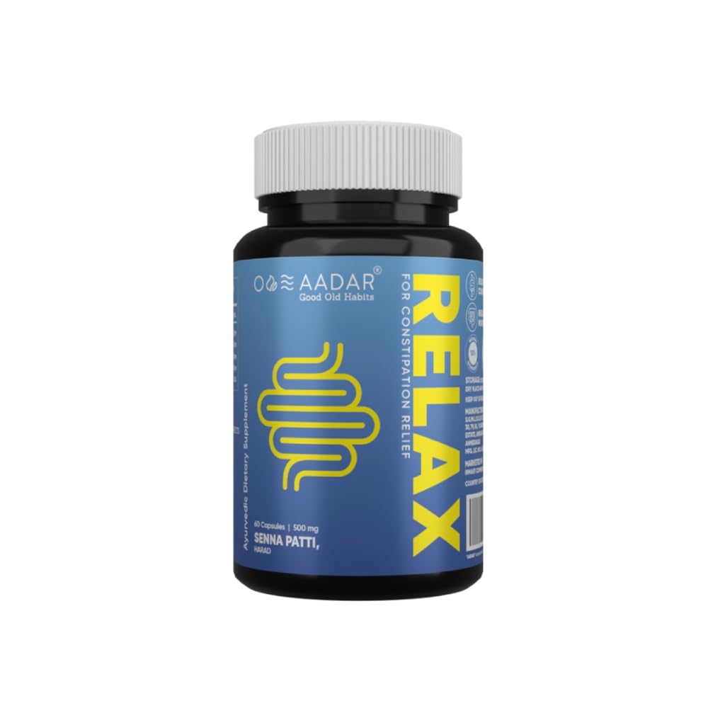 AADAR Relax bottle with blue label and gray cap Ayurvedic constipation relief capsules with senna extract AADAR Relax bottle with blue label and gray cap Ayurvedic constipation relief capsules with senna extract
