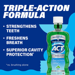 Bottle of ACT Anticavity Fluoride Rinse on blue background showing triple action benefits strengthens teeth freshens breath Bottle of ACT Anticavity Fluoride Rinse on blue background showing triple action benefits strengthens teeth freshens breath