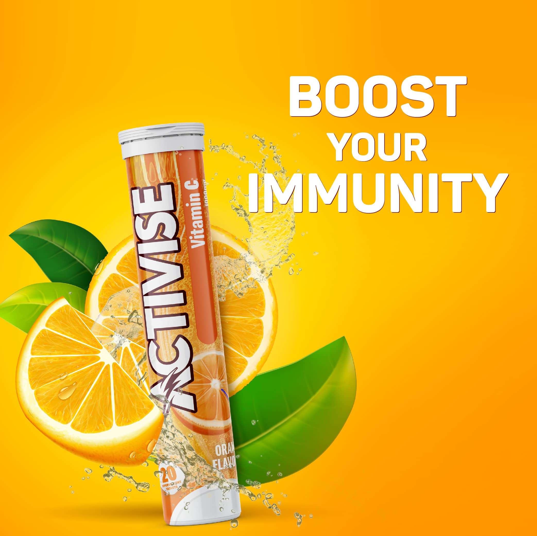 Activise Vitamin C 1000mg effervescent tablets orange flavor tube with sliced oranges and splash on yellow background Activise Vitamin C 1000mg effervescent tablets orange flavor tube with sliced oranges and splash on yellow background