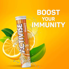 Activise Vitamin C 1000mg effervescent tablets orange flavor tube with sliced oranges and splash on yellow background Activise Vitamin C 1000mg effervescent tablets orange flavor tube with sliced oranges and splash on yellow background