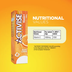 Activise orange flavor box of Vitamin C 1000mg effervescent tablets showing nutritional values and 20 tablets Activise orange flavor box of Vitamin C 1000mg effervescent tablets showing nutritional values and 20 tablets