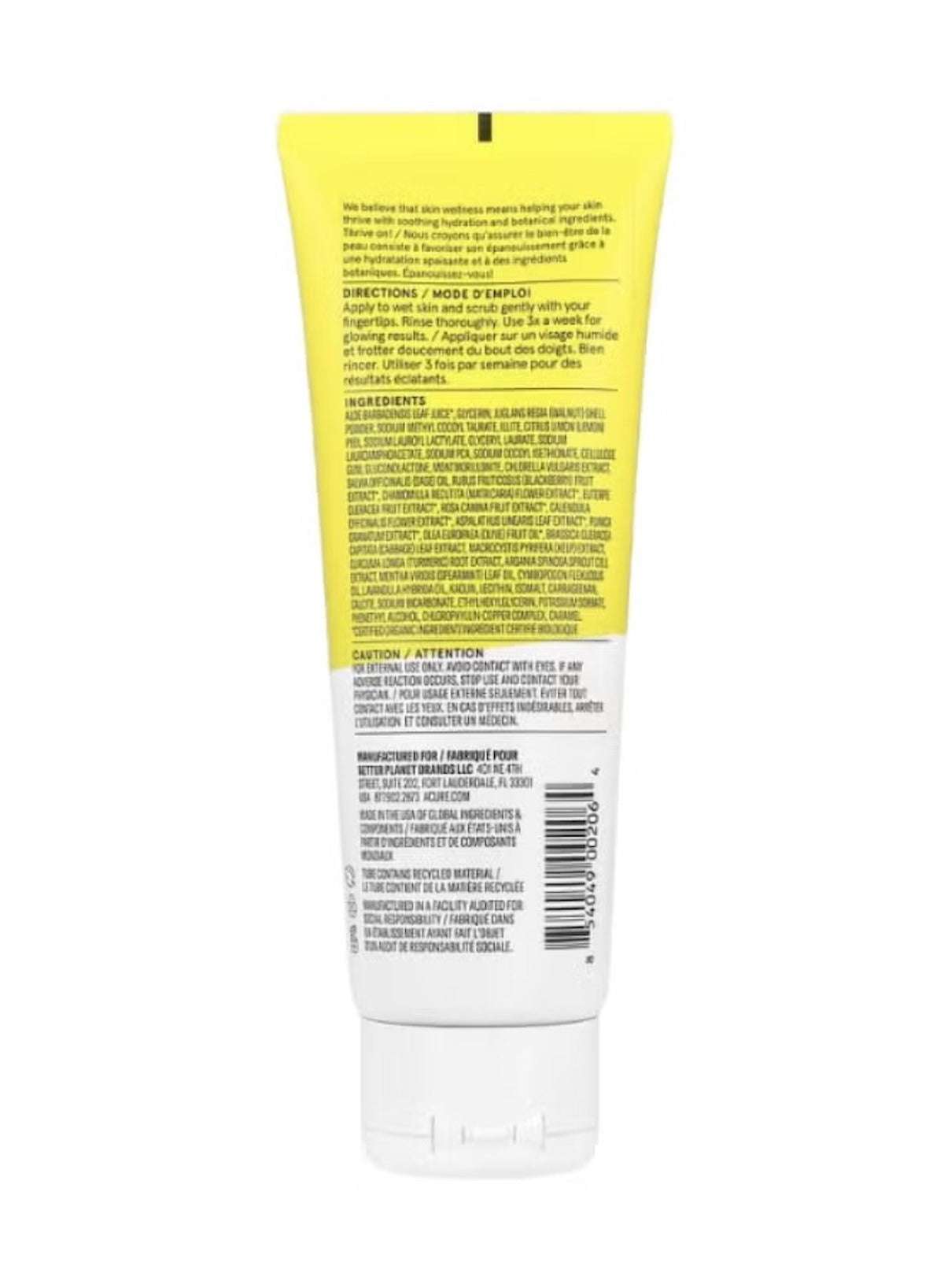 Acure Brightening Facial Scrub in a yellow tube, enriched with natural exfoliants for radiant skin Acure Brightening Facial Scrub in a yellow tube, enriched with natural exfoliants for radiant skin