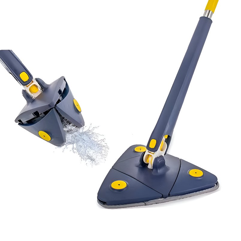 Huitich adjustable 360 rotating cleaning mop with blue triangular mop head and water spray feature Huitich adjustable 360 rotating cleaning mop with blue triangular mop head and water spray feature