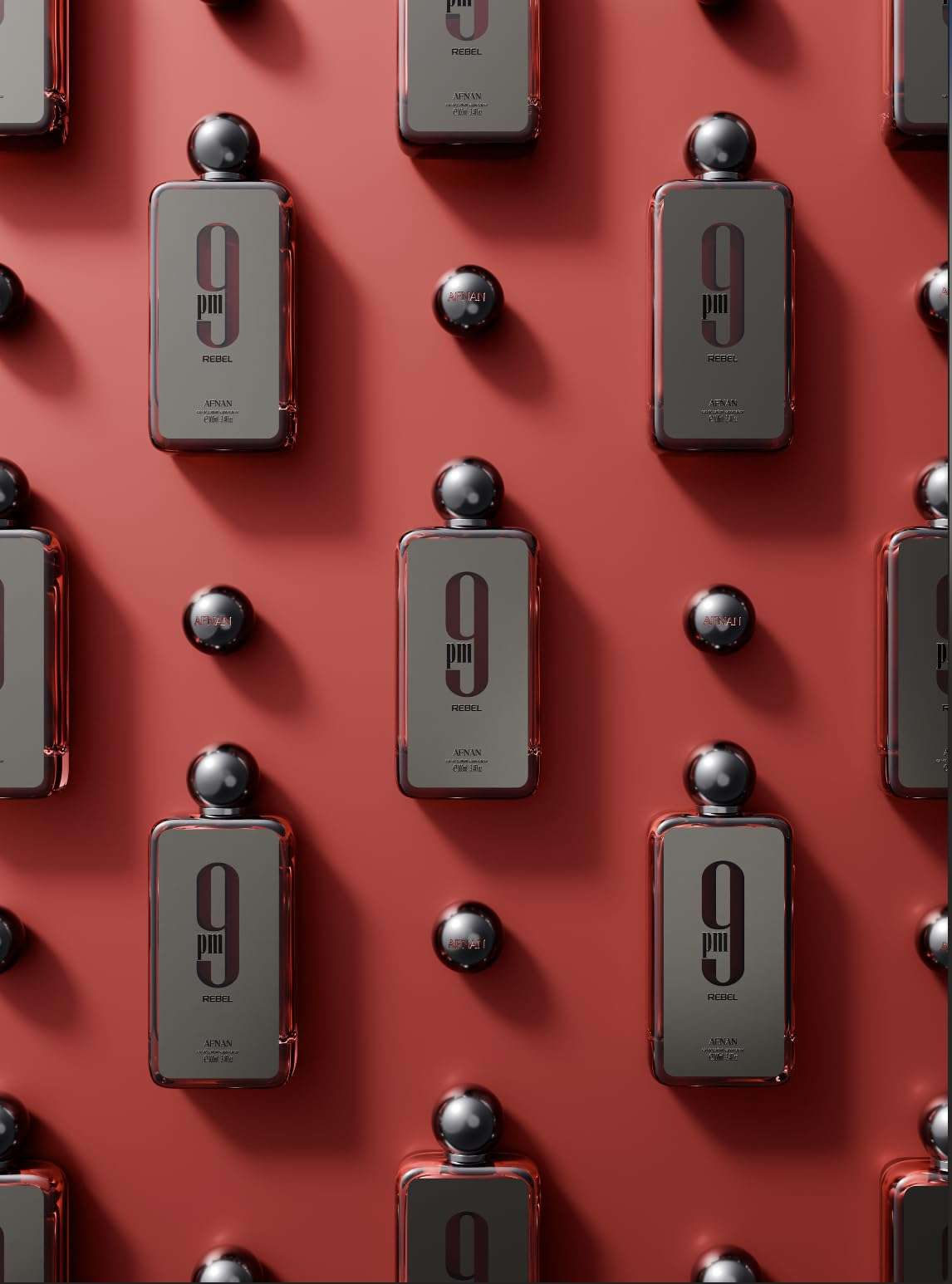 Multiple bottles of Afnan 9 PM Rebel perfume arranged on a red background with black caps Multiple bottles of Afnan 9 PM Rebel perfume arranged on a red background with black caps