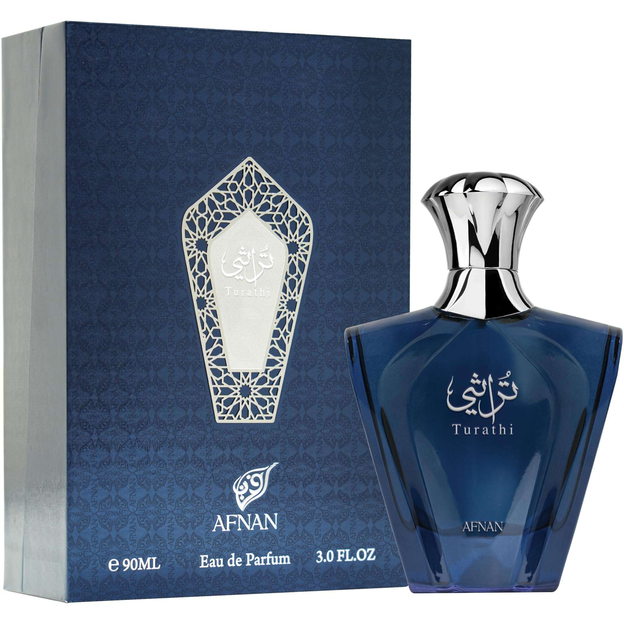 Afnan Turathi Blue perfume for men in a blue glass bottle with silver cap and matching box Afnan Turathi Blue perfume for men in a blue glass bottle with silver cap and matching box