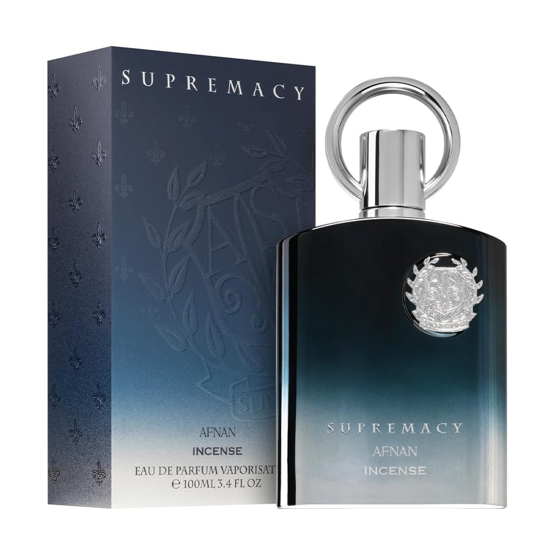 Unisex luxury eau de parfum 100ml Afnan Supremacy Incense bottle and box in gradient black and blue Unisex luxury eau de parfum 100ml Afnan Supremacy Incense bottle and box in gradient black and blue