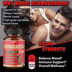 Agobi bottle of Ashwagandha capsules 5200mg extra strength supplement with smiling couple and benefit callouts Agobi bottle of Ashwagandha capsules 5200mg extra strength supplement with smiling couple and benefit callouts