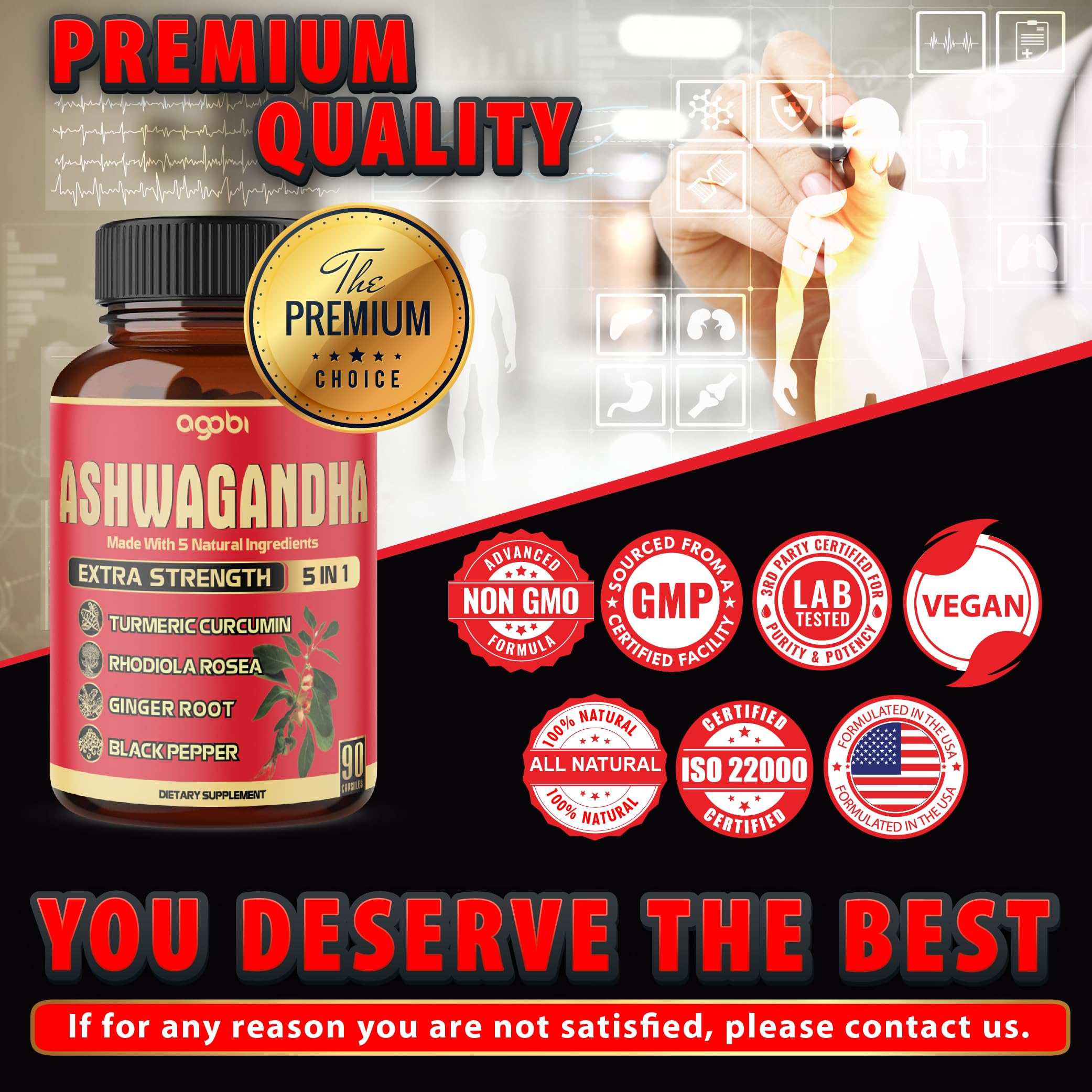 agobi Ashwagandha supplement bottle with premium badge and quality icons You deserve the best Ashwagandha capsules 5200mg agobi Ashwagandha supplement bottle with premium badge and quality icons You deserve the best Ashwagandha capsules 5200mg