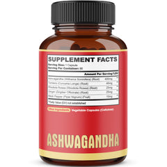 Amber supplement bottle labeled ASHWAGANDHA with supplement facts panel and pills Ashwagandha capsules 5200mg Amber supplement bottle labeled ASHWAGANDHA with supplement facts panel and pills Ashwagandha capsules 5200mg