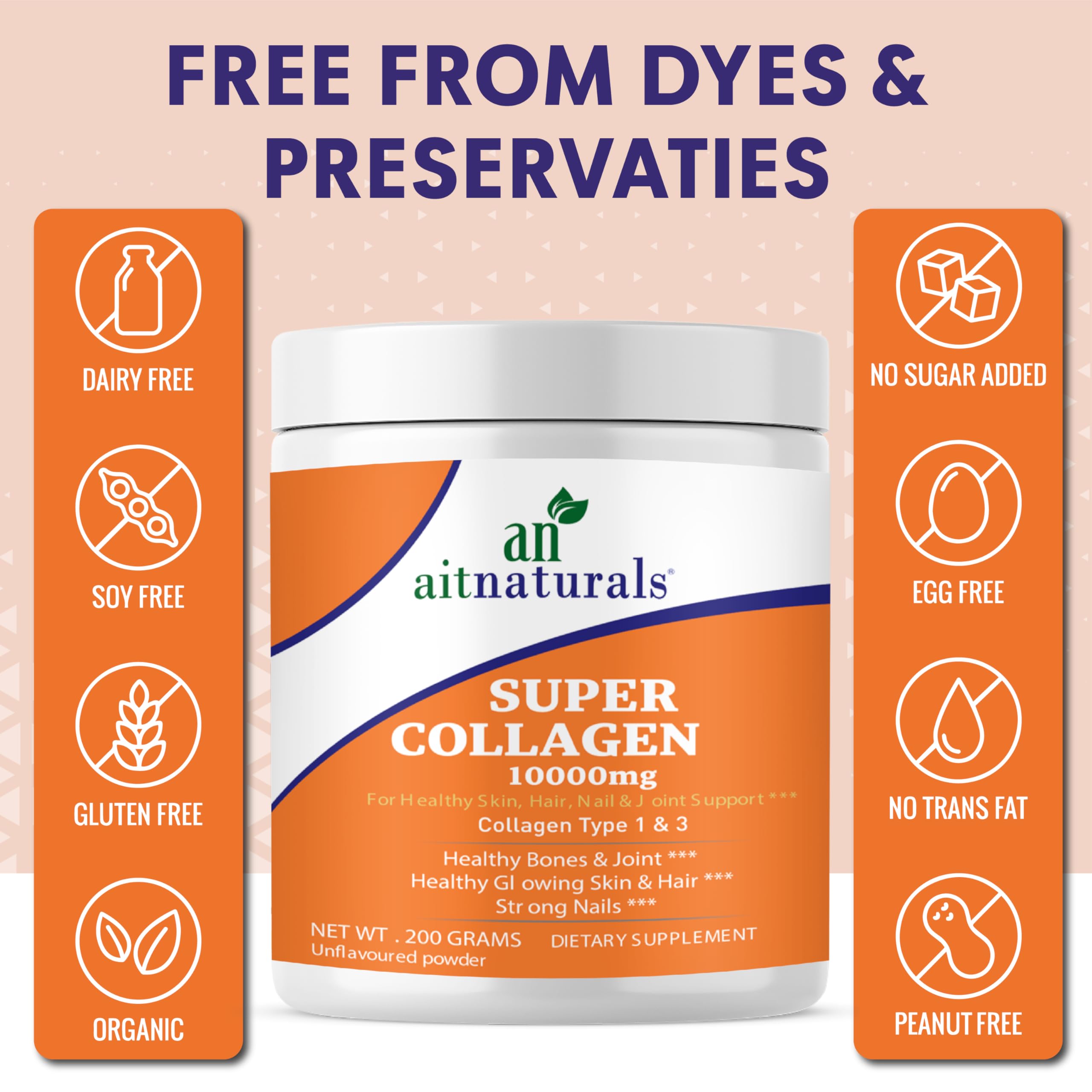 aitnaturals Super Collagen jar with orange label and free from icons dairy soy gluten organic collagen peptides powder unflavoured aitnaturals Super Collagen jar with orange label and free from icons dairy soy gluten organic collagen peptides powder unflavoured
