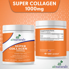 aitnaturals Super Collagen 1000mg jar front and back orange label collagen peptides powder unflavoured aitnaturals Super Collagen 1000mg jar front and back orange label collagen peptides powder unflavoured