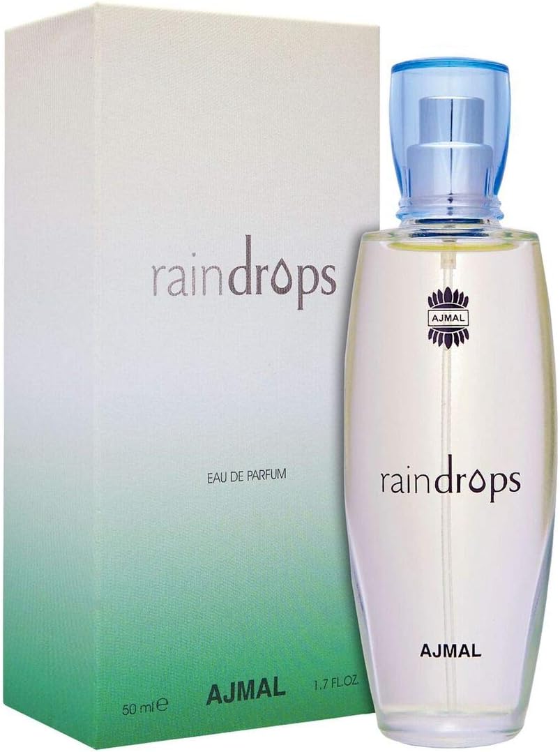 Ajmal Raindrops perfume for women 50ml Eau de Parfum with light green gradient box and blue cap bottle Ajmal Raindrops perfume for women 50ml Eau de Parfum with light green gradient box and blue cap bottle