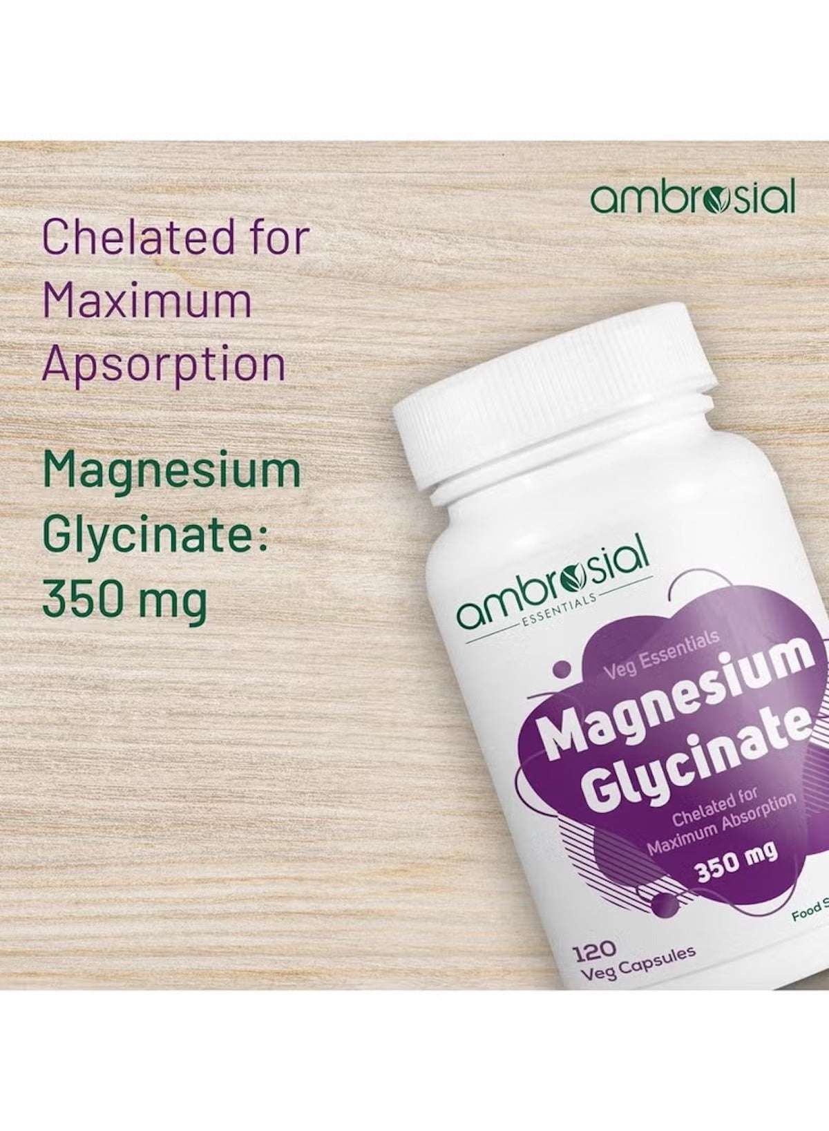 Ambrosial Magnesium Glycinate 350mg capsules for maximum absorption, 120 veg capsules in a bottle Ambrosial Magnesium Glycinate 350mg capsules for maximum absorption, 120 veg capsules in a bottle