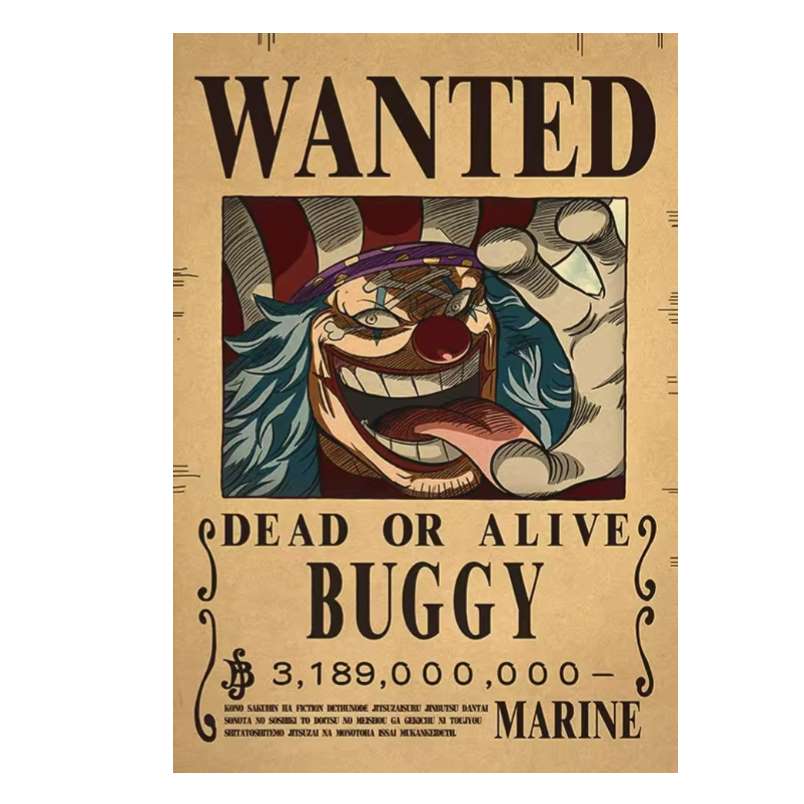 Anime bounty poster wall art featuring a wanted Buggy character from a popular anime series Anime bounty poster wall art featuring a wanted Buggy character from a popular anime series