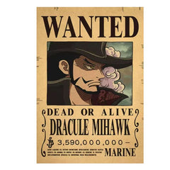 Anime bounty poster wall art featuring Dracula Mihawk wanted dead or alive in vintage style Anime bounty poster wall art featuring Dracula Mihawk wanted dead or alive in vintage style