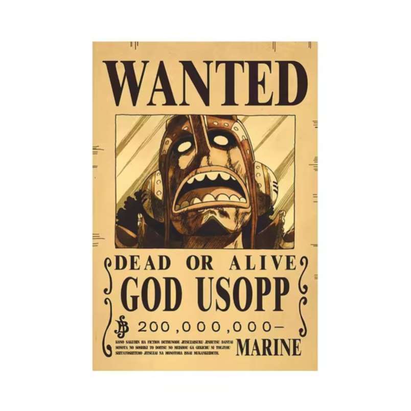Anime bounty poster wall art featuring God Usopp from One Piece in vintage wanted style Anime bounty poster wall art featuring God Usopp from One Piece in vintage wanted style