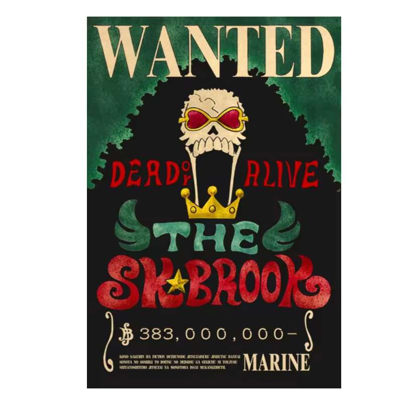 anime bounty poster wall art featuring The Skibrook wanted dead or alive with skull and crown design anime bounty poster wall art featuring The Skibrook wanted dead or alive with skull and crown design